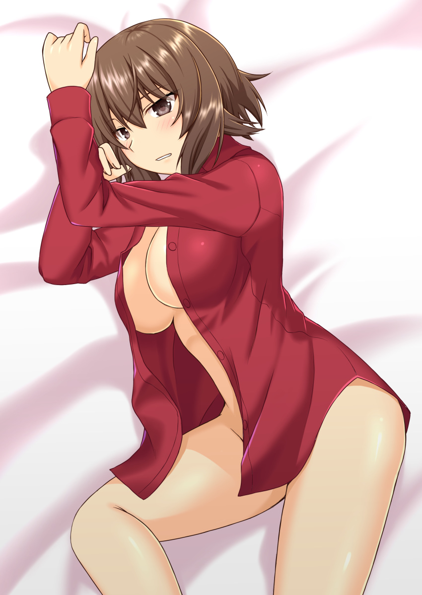 absurdres bangs bed_sheet beni_(bluebluesky) blush bottomless breasts brown_eyes brown_hair commentary_request convenient_censoring dress_shirt eyebrows_visible_through_hair from_above girls_und_panzer highres legs light_frown looking_at_viewer lying medium_breasts naked_shirt nishizumi_maho on_side open_clothes open_shirt parted_lips red_shirt shirt short_hair