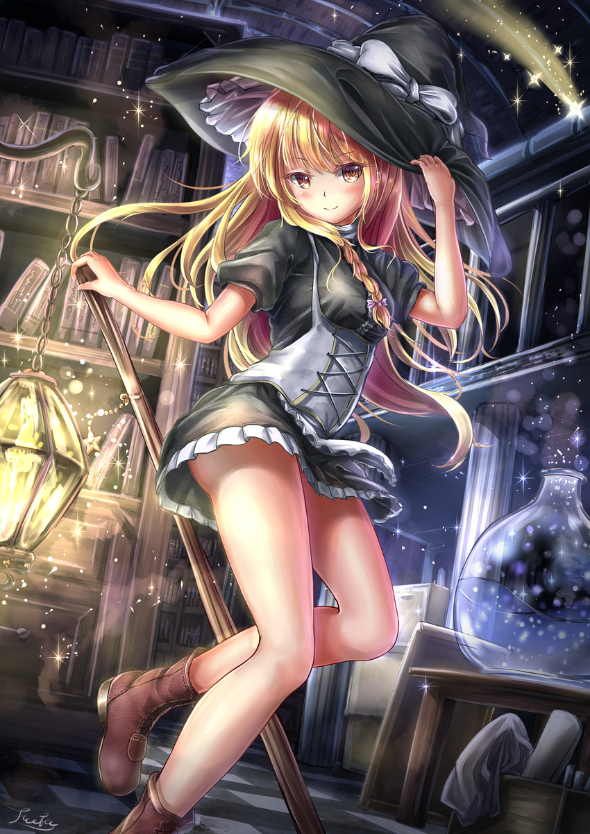 apron bare_legs black_dress black_hat blonde_hair book bookshelf boots bottle bow braid breasts broom brown_footwear checkered checkered_floor dress fii_fii_(feefeeowo) hat hat_bow hat_tug highres kirisame_marisa lantern legs long_hair looking_at_viewer medium_breasts puffy_short_sleeves puffy_sleeves scroll short_dress short_sleeves side_braid smile solo sparkle standing star table touhou underbust white_bow witch_hat yellow_eyes