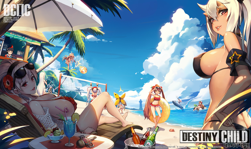 1boy 6+girls absurdres adjusting_clothes adjusting_swimsuit alcohol anemone_(destiny_child) ass bare_legs barefoot baseball_cap beach beach_volleyball beer bikini black_bikini breasts brown_hair coca-cola copyright_name crab crazy_straw dark_skin davi_(destiny_child) day destiny_child drink drinking_straw elysium_(destiny_child) eyewear_on_head flower frilled_bikini frills grey_hair hair_flower hair_ornament hat heart_straw heineken highres horns innertube isolde(destiny_child) jacheongbi_(destiny_child) jumping k1800 large_breasts lips lisa_(destiny_child) long_hair looking_at_viewer mars_(destiny_child) microphone mona_(destiny_child) multiple_girls o_o outdoors parfait parted_lips pink_eyes reclining red_bikini red_eyes riding sideboob silver_hair smile squatting sunglasses swimsuit twintails very_long_hair walking yellow_eyes