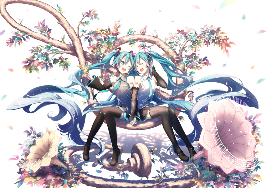:d absurdly_long_hair aqua_eyes aqua_hair beamed_eighth_notes bird bird_on_finger boots closed_eyes commentary_request detached_sleeves dual_persona eighth_note full_body hatsune_miku headset highres holding_hands interlocked_fingers long_hair loudspeaker maou_(mischief2004) multiple_girls musical_note nail_polish necktie one_eye_closed open_mouth phonograph_needle quarter_note sitting skirt smile staff_(music) thigh_boots thighhighs twintails very_long_hair vocaloid