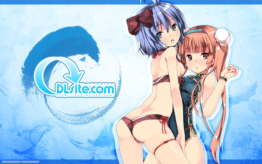 :o ahoge artist_name ass bangs bikini blue_hair blunt_bangs blush bow breasts brown_bow china_dress chinese_clothes dille_blood dlsite.com double_bun dress elle_sweet eyebrows_visible_through_hair hair_bow hairband highres looking_at_viewer looking_back medium_breasts multiple_girls open_mouth red_bikini refeia sideboob sidelocks small_breasts swimsuit teeth thigh_strap thighs twintails wallpaper watermark web_address wristband