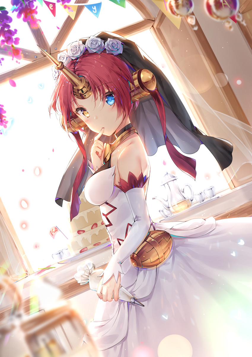 absurdres bad_id bad_pixiv_id bangs bare_shoulders blue_eyes blurry blush breasts bridal_veil cake closed_mouth commentary_request cup day depth_of_field detached_sleeves dress dutch_angle eyebrows_visible_through_hair fate/apocrypha fate/grand_order fate_(series) food frankenstein's_monster_(fate) happy_birthday heterochromia highres holding horns jar layer_cake looking_at_viewer maya_g medium_breasts parted_bangs pastry_bag short_hair solo standing teacup teapot tray tsurime veil wedding_dress white_dress window yellow_eyes