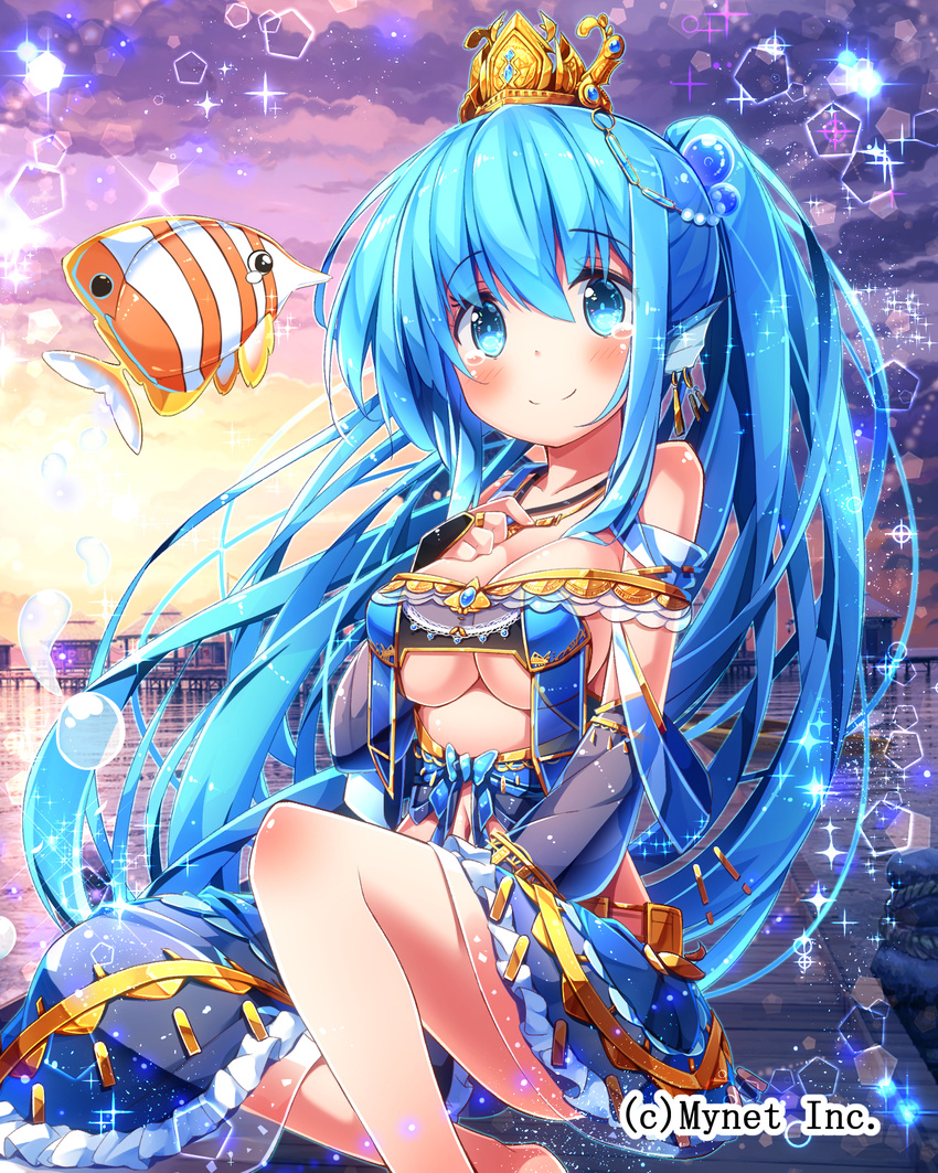 angelmaster barefoot blue_eyes blue_hair blush breasts cleavage cloud company_name crown detached_sleeves dress fish fujiwara_gacho hand_on_own_chest head_fins highres liza_(angelmaster) medium_breasts official_art outdoors sky smile solo tears