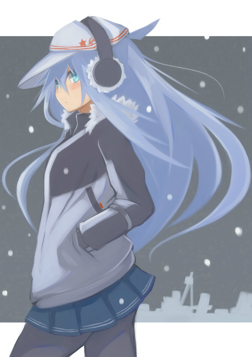 akahuzi alternate_costume blue_eyes blue_skirt blush closed_mouth commentary_request earmuffs expressionless hair_between_eyes hammer_and_sickle hands_in_pockets hat hibiki_(kantai_collection) highres jacket kantai_collection long_hair looking_at_viewer pantyhose pleated_skirt silver_hair simple_background skirt snowing verniy_(kantai_collection) walking