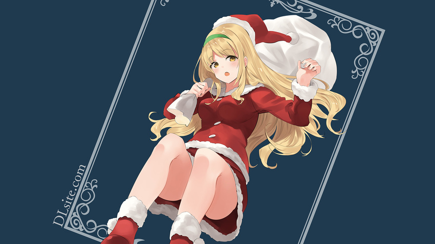 :o bangs bare_legs blush breasts dille_blood dlsite.com eyebrows_visible_through_hair floating_hair fur_trim hairband hands_up highres holding long_hair long_sleeves looking_at_viewer medium_breasts natasha_(pommier) open_mouth red_skirt sack santa_costume sidelocks skirt solo thighs wallpaper watermark wavy_hair web_address yellow_eyes