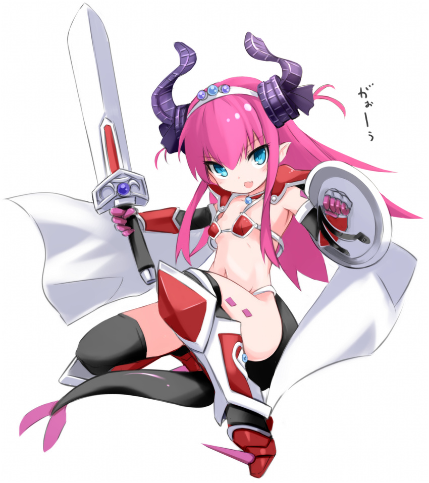 armor armored_boots bikini bikini_armor black_legwear blue_eyes blue_ribbon blush boots breasts broadsword cape choker commentary_request curled_horns dragon_tail elizabeth_bathory_(brave)_(fate) elizabeth_bathory_(fate)_(all) fate/grand_order fate_(series) hair_ribbon halloween highres horns karukan_(monjya) knee_boots long_hair looking_at_viewer navel open_mouth oversized_clothes pauldrons pink_hair pointy_ears red_armor red_bikini red_footwear ribbon shield silver_trim small_breasts solo spiked_boots spikes string_bikini swimsuit sword tail thighhighs tiara two_side_up vambraces weapon white_cape