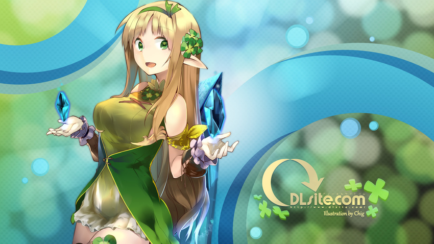 :d artist_name bangs blonde_hair breasts chig clover clover_hair_ornament cowboy_shot crystal dille_blood dlsite.com dress eyebrows_visible_through_hair green_dress green_eyes hair_ornament hairband hands_up highres large_breasts long_hair looking_at_viewer open_mouth smile tareme thighs very_long_hair wallpaper watermark web_address