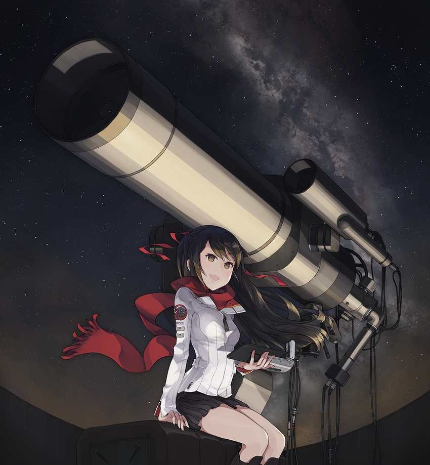 bare_legs black_eyes black_hair black_skirt breasts brown_eyes cable device hair_ribbon highres jacket kazuoki kneehighs long_hair long_sleeves looking_at_viewer medium_breasts milky_way miniskirt night night_sky open_mouth original outdoors pleated_skirt red_scarf ribbon scarf sitting skirt sky smile solo star_(sky) starry_sky telescope wind