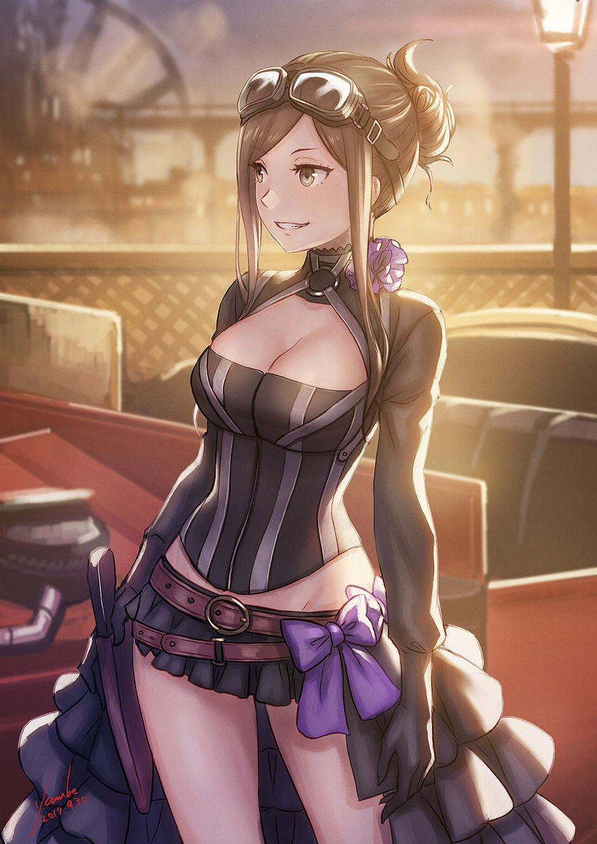 anbe_yoshirou arms_at_sides backlighting bangs belt belt_buckle black_gloves black_shirt blurry blush bow breasts brown_belt brown_eyes brown_hair buckle car cleavage cleavage_cutout colored_stripes convertible cowboy_shot dated depth_of_field dorothy_(princess_principal) eyebrows_visible_through_hair fence flower frilled_skirt frills gloves goggles goggles_on_head grin groin ground_vehicle hair_bun happy highres hips knife lamppost large_breasts legs_apart long_sleeves md5_mismatch microskirt motor_vehicle multiple_belts o-ring outdoors parted_bangs pleated_skirt princess_principal purple_bow sheath sheathed shirt showgirl_skirt sidelocks signature skirt sky smile solo striped striped_shirt sunlight sunset swept_bangs teeth thighs tied_hair turtleneck vertical-striped_shirt vertical_stripes weapon