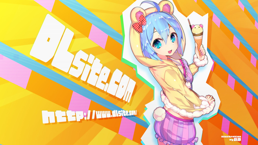 :d ahoge animal_hood bangs banned_artist blue_eyes blue_hair blush dlsite.com elle_sweet food from_side hair_between_eyes highres holding holding_food hood hood_up hoodie ice_cream ice_cream_cone looking_at_viewer open_mouth pocky short_hair sidelocks smile solo tail tetsubuta wallpaper watermark web_address