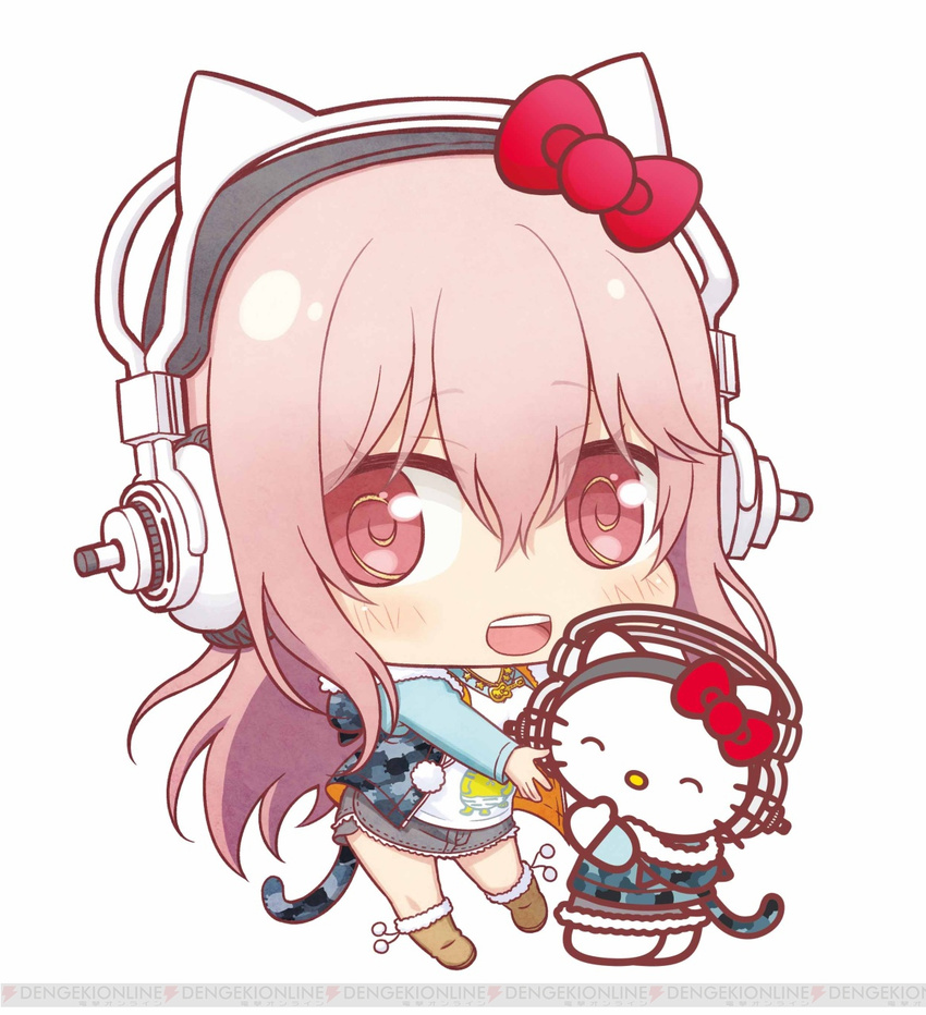:d animal_ears blush bow cat_ears chibi cosplay crossover headphones hello_kitty hello_kitty_(character) highres long_hair looking_at_viewer multiple_girls nitroplus no_mouth open_mouth pink_eyes pink_hair red_eyes smile super_sonico super_sonico_(cosplay) yuupon