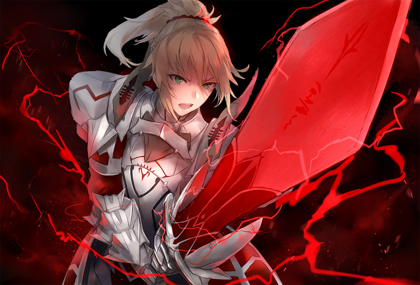 armor blonde_hair fate/apocrypha fate/grand_order fate_(series) green_eyes kachi lightning mordred_(fate) mordred_(fate)_(all) ponytail solo sword weapon