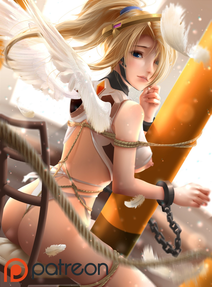 adapted_costume against_pillar ass bdsm bearwitch blonde_hair blue_eyes bondage bound breasts cuffs dutch_angle feathered_wings feathers fingers_to_mouth from_behind hair_tie handcuffs high_ponytail highres lips looking_at_viewer looking_back medium_breasts medium_hair mercy_(overwatch) nipple_slip nipples nose overwatch parted_lips patreon_logo pink_lips rope sleeveless solo white_feathers white_wings wings