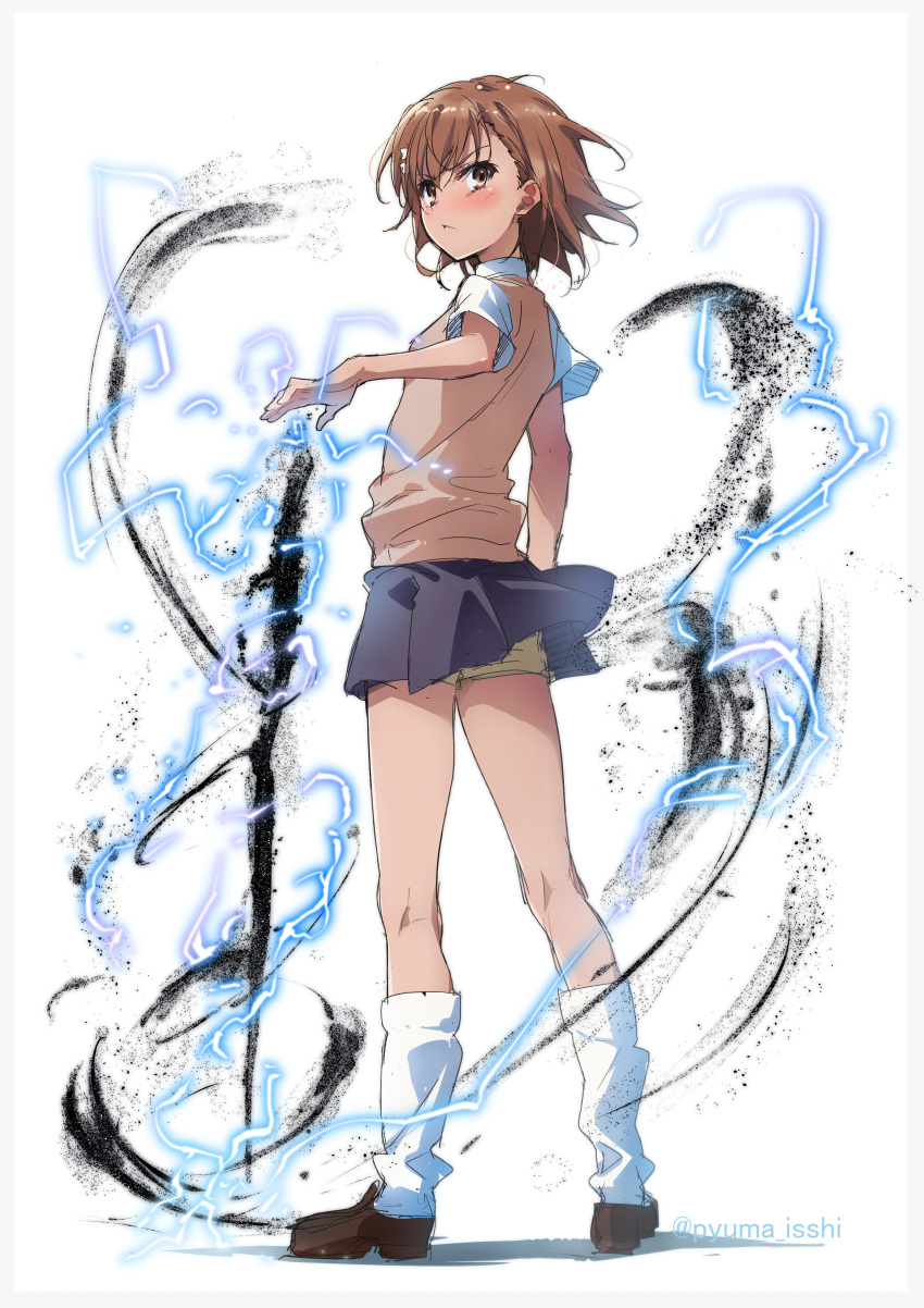 1girl absurdres biribiri brown_eyes brown_footwear brown_hair brown_shorts dust electricity full_body grey_skirt highres loafers looking_at_viewer looking_back loose_socks misaka_mikoto pleated_skirt puma_(hyuma1219) school_uniform shirt shoes short_sleeves shorts shorts_under_skirt simple_background skirt solo standing sweater_vest to_aru_kagaku_no_railgun to_aru_majutsu_no_index tokiwadai_school_uniform white_background white_shirt