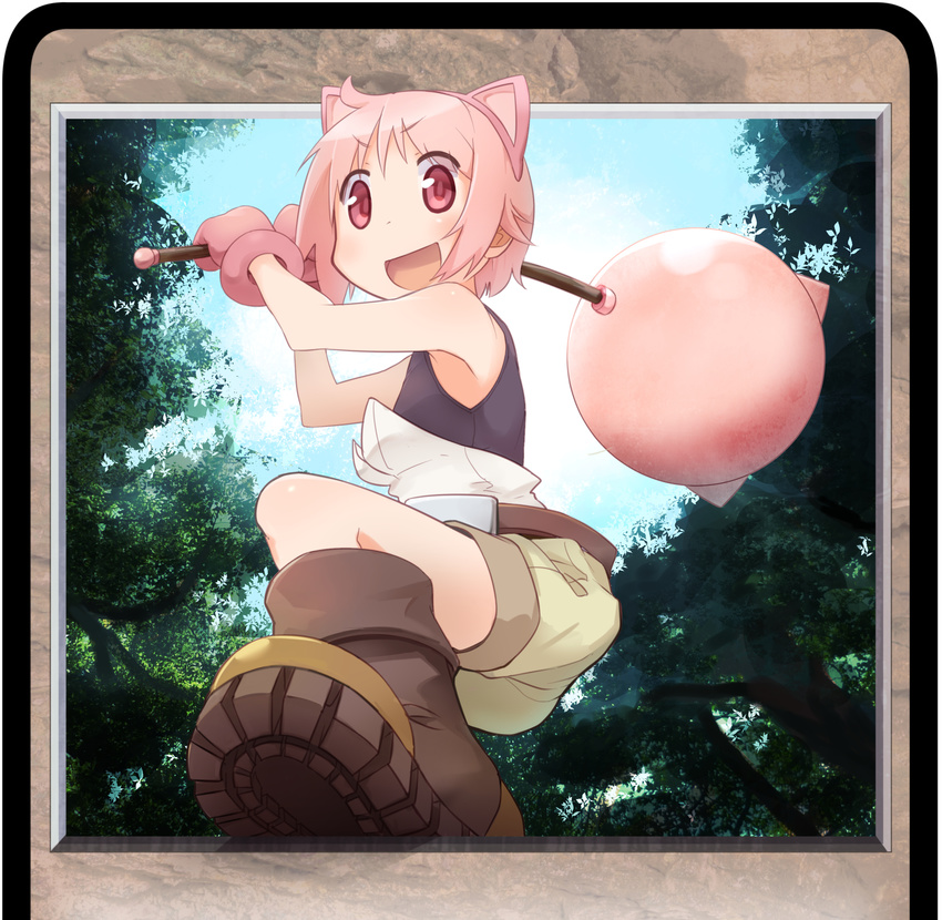 absurdres animal_ears blush boots brown_footwear cargo_shorts cat_ears eyebrows_visible_through_hair gloves highres kirara_fantasia looking_at_viewer nonohara_yuzuko okayparium open_mouth pink_eyes pink_gloves pink_hair short_hair shorts smile solo yuyushiki