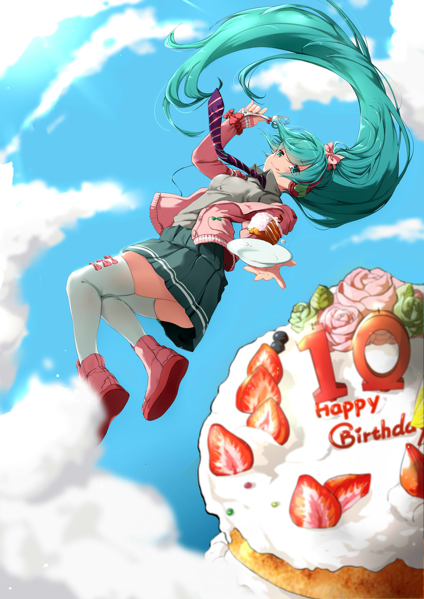 :q absurdres anniversary birthday_cake blueberry bow breasts cake cardigan cloud collared_shirt commentary_request day english flower food food_on_face fork fruit full_body green_hair green_skirt grey_shirt hair_bow happy_birthday hatsune_miku headphones highres holding holding_fork long_hair long_sleeves medium_breasts necktie number open_cardigan open_clothes outstretched_arm pink_bow pink_flower pink_footwear pink_rose plate pleated_skirt project_diva_(series) project_diva_f ribbon_girl_(module) rose scrunchie shirt shoes skirt sky slice_of_cake solo strawberry striped striped_neckwear sunlight tendo_(zhazhatiantong) thighhighs tongue tongue_out twintails very_long_hair vocaloid white_legwear wing_collar wrist_scrunchie