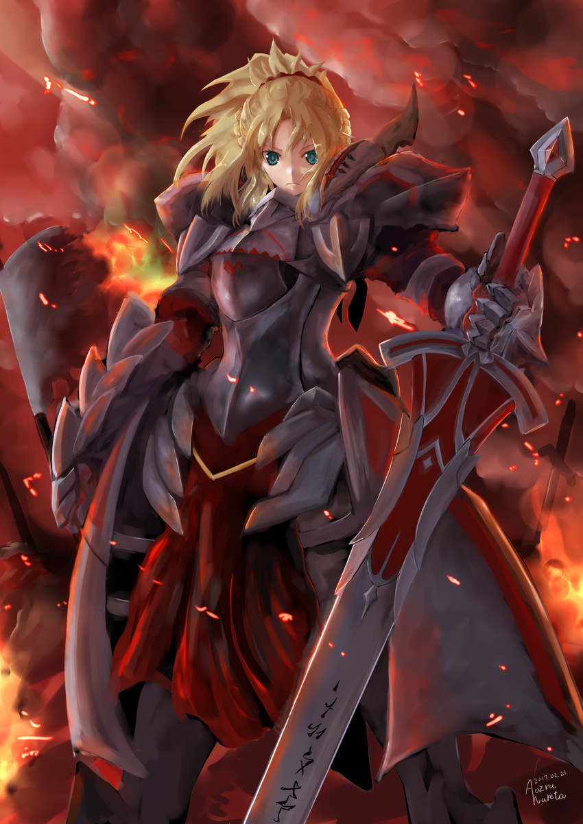 absurdres armor artist_name blonde_hair blue_eyes braid breastplate clarent dated embers expressionless fate/apocrypha fate_(series) fire french_braid gauntlets highres looking_at_viewer mordred_(fate) mordred_(fate)_(all) planted_weapon ponytail rindon_(pixiv338875) signature solo weapon