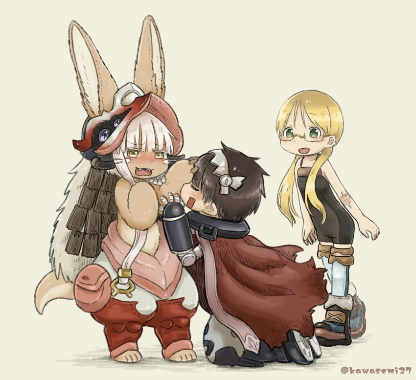 1boy 1girl 1other absurdres ambiguous_gender animal_ears artist_name blonde_hair blush brown_hair cape embarrassed eyebrows_visible_through_hair eyes_closed facing_another glasses green_eyes helmet highres kawasemi27 kneeling long_hair looking_at_another made_in_abyss nanachi_(made_in_abyss) open_mouth regu_(made_in_abyss) riko_(made_in_abyss) scar semi-rimless_eyewear short_hair smile standing tail twintails twitter_username under-rim_eyewear white_hair yellow_eyes