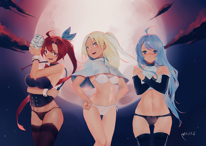 ahoge azur_lane battle_tendency bikini black_legwear black_panties blonde_hair blue_eyes blue_hair bridal_gauntlets capelet cleveland_(azur_lane) cloud commentary_request crossed_arms hands_on_hips helena_(azur_lane) highres jojo_no_kimyou_na_bouken lingerie long_hair looking_at_viewer mask moon multiple_girls open_mouth panties ponytail red_eyes red_hair side-tie_panties stone_mask_(jojo) swimsuit teeth thighhighs underwear whip white_bikini white_capelet wichita_(azur_lane) wrist_cuffs yueguang_zhanglang