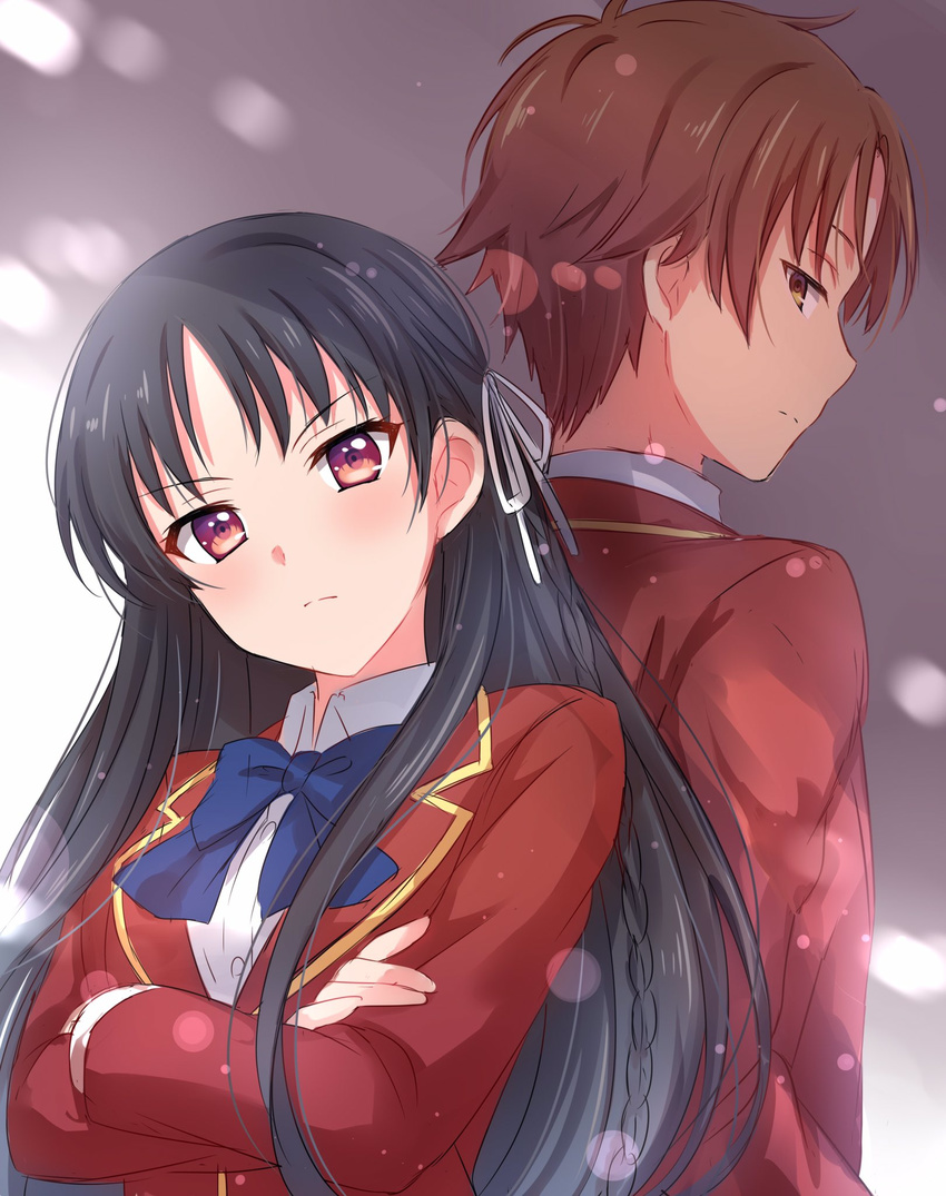 &gt;:( 1girl ayanokouji_kiyotaka back-to-back bangs black_hair blue_ribbon blush braid brown_eyes brown_hair closed_mouth collared_shirt commentary_request crossed_arms eyebrows_visible_through_hair frown hair_ribbon highres horikita_suzune jacket long_sleeves looking_at_viewer looking_back multicolored multicolored_eyes profile purple_eyes red_jacket ribbon sekina shirt sunlight v-shaped_eyebrows white_ribbon white_shirt yellow_eyes youkoso_jitsuryoku_shijou_shugi_no_kyoushitsu_e