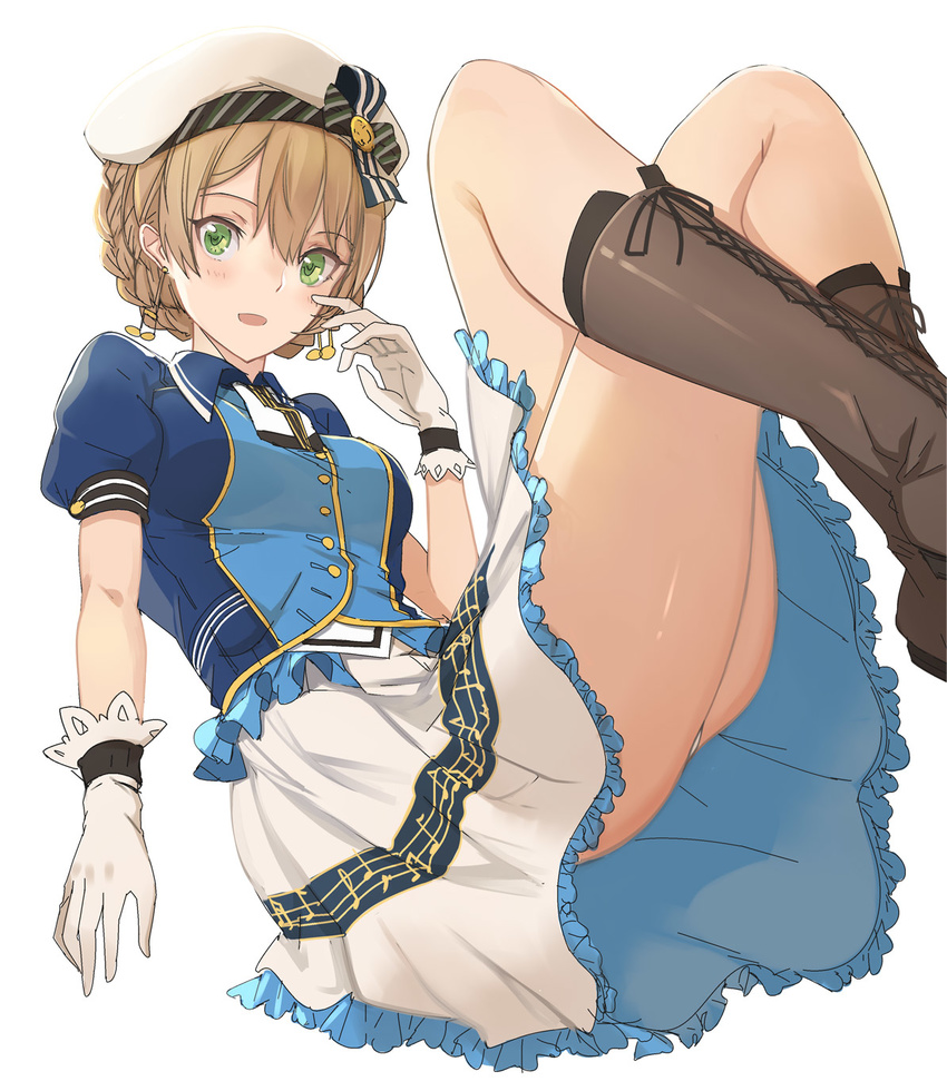 arm_at_side bad_id bad_pixiv_id bangs beret blonde_hair blush boots braided_bun brown_footwear buttons cross-laced_footwear crossed_legs earrings frilled_gloves frills gloves green_eyes hand_on_own_cheek hat highres idolmaster idolmaster_million_live! idolmaster_million_live!_theater_days jewelry knee_boots looking_at_viewer puffy_short_sleeves puffy_sleeves pupps reclining sakuramori_kaori shiny shiny_skin short_sleeves sidelocks sitting solo white_gloves