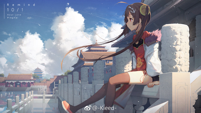 ahoge anchor_hair_ornament architecture artist_name azur_lane black_legwear breasts brown_hair building character_name china_dress chinese_clothes cloud coat copyright_name day dorsiflexion dress ears flats hair_ornament hands headband highres kieed long_hair looking_afar pagoda ping_hai_(azur_lane) red_eyes red_footwear shoes sitting sky small_breasts solo stone_wall thighhighs twintails wall watermark weibo_logo weibo_username