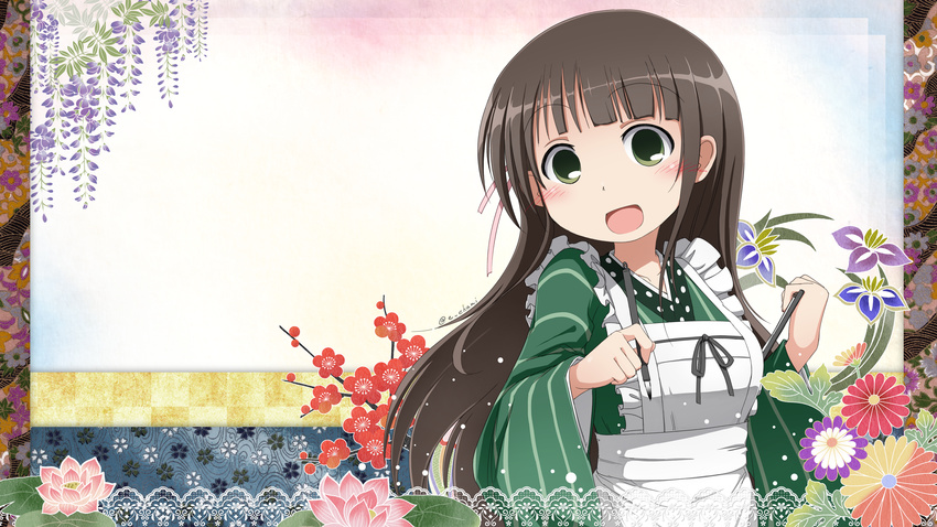 :d ama_usa_an_uniform apron bangs blunt_bangs blush breasts brown_hair calligraphy_brush commentary_request earth_ekami eyebrows_visible_through_hair flower gochuumon_wa_usagi_desu_ka? green_eyes green_kimono highres japanese_clothes kimono lily_pad long_hair long_sleeves looking_at_viewer maid_apron multicolored multicolored_background open_mouth paintbrush paperclip pink_ribbon polka_dot_trim ribbon small_breasts smile solo striped striped_kimono twitter_username ujimatsu_chiya upper_body white_apron wide_sleeves