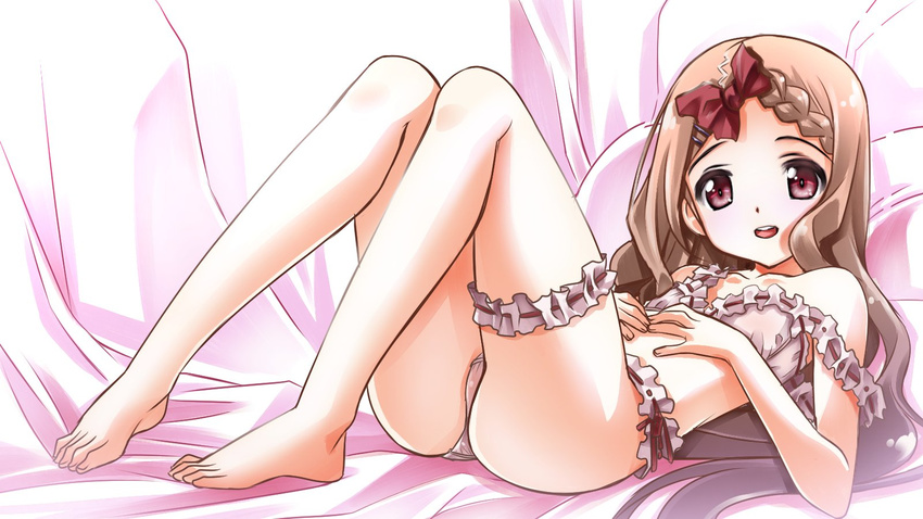 :d aoba_kokona ass barefoot brown_hair commentary_request full_body hair_ornament hair_ribbon hairclip hands_on_own_stomach highres leg_garter long_hair lying on_back open_mouth red_eyes ribbon senomoto_hisashi smile solo underwear underwear_only yama_no_susume