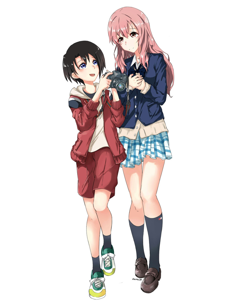 :d artist_name black_bow black_neckwear blue_eyes blue_legwear bow bowtie camera closed_mouth commentary_request hands_on_own_chest hands_up highres holding holding_camera jacket koe_no_katachi legs_together loafers long_hair looking_at_another nishimiya_shouko nishimiya_yuzuru open_mouth own_hands_together pigeon-toed pink_eyes pink_hair plaid plaid_skirt qumai79 red_jacket red_shorts school_uniform shirt shoes shorts showing siblings sisters skirt smile sneakers socks thigh_gap tomboy walking white_background white_shirt