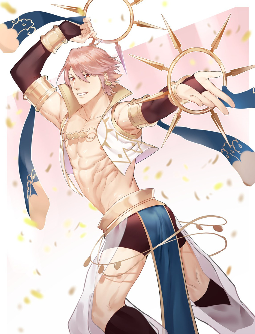 abs areola_slip areolae armpit_peek azur_(fire_emblem) bridal_gauntlets cropped_vest dancer dancing elbow_gloves fire_emblem fire_emblem:_kakusei fire_emblem_heroes fire_emblem_if gloves highres kneehighs looking_at_viewer male_focus pelvic_curtain pink_hair protected_link red_eyes shirtless shorts side_slit simple_background smile solo white_background zhineart