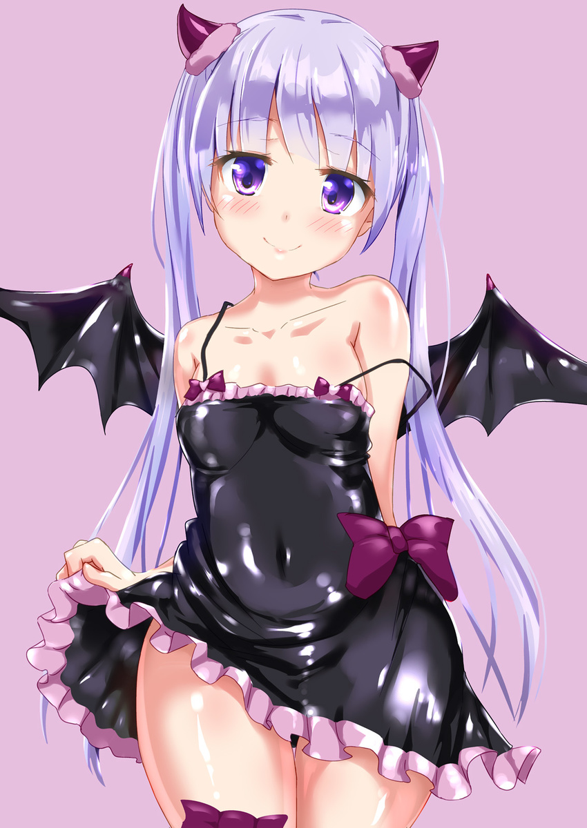 black_dress collarbone demon_girl demon_horns demon_wings dress dress_lift eyebrows_visible_through_hair highres horns lifted_by_self long_hair looking_at_viewer naka new_game! purple_eyes purple_hair shiny shiny_clothes simple_background smile solo standing strap_slip suzukaze_aoba wings