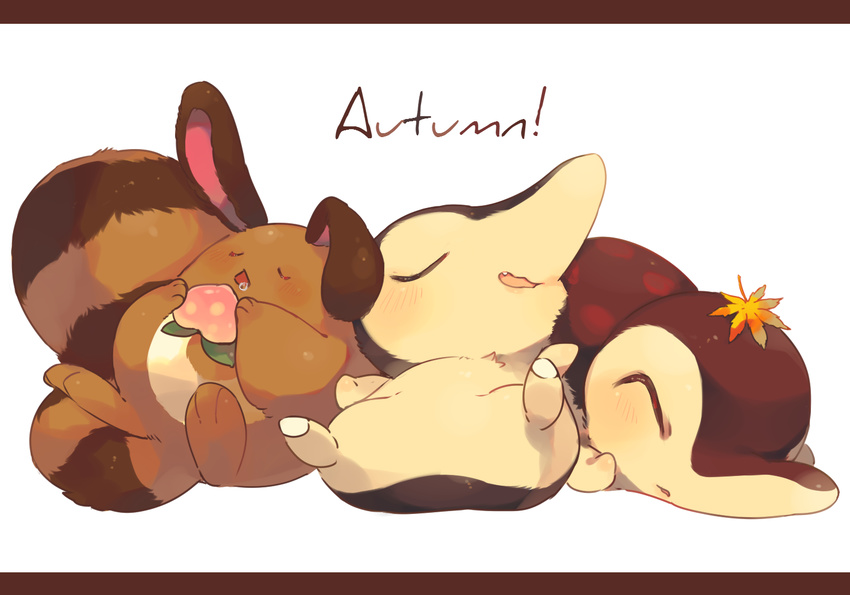 autumn_leaves bad_id bad_pixiv_id berry blush closed_eyes commentary_request cyndaquil drooling english food fruit gen_2_pokemon hideko_(l33l3b) holding holding_food holding_fruit leaf letterboxed lying maple_leaf no_humans on_back on_stomach parted_lips pokemon pokemon_(creature) saliva sentret simple_background sleeping white_background