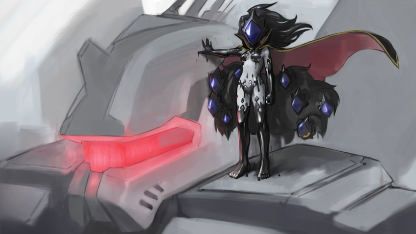 black_hair cape clenched_hand code_geass cosplay covered_face extra_eyes facing_viewer floating_hair gazer_(monster_girl_encyclopedia) glowing long_hair mask mecha monster_girl monster_girl_encyclopedia navel nude on_shoulder paintrfiend red_eyes slime solo standing tail tentacles yellow_sclera zero_(code_geass) zero_(code_geass)_(cosplay)