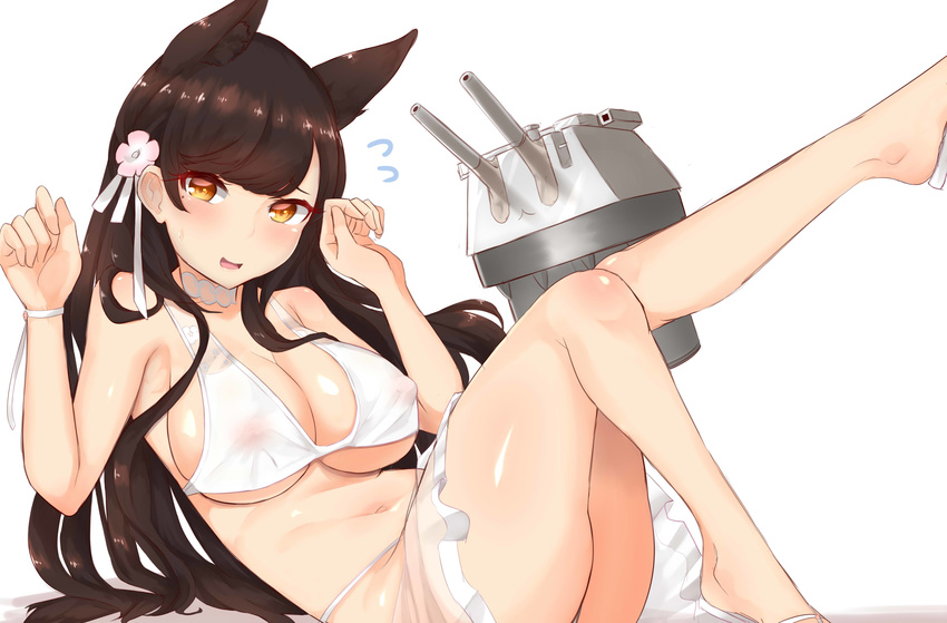 :d absurdres animal_ears ass atago_(azur_lane) azur_lane bangs bare_legs bare_shoulders bikini blush breasts brown_hair cleavage commentary_request covered_nipples extra_ears flower flying_sweatdrops fox_ears hair_flower hair_ornament hands_up highres large_breasts legs legs_up long_hair looking_at_viewer lying makano_mucchi mole mole_under_eye navel nervous_smile on_back open_mouth robot sandals sarong see-through simple_background smile solo stomach sweat swept_bangs swimsuit white_background white_bikini white_neckwear wristband