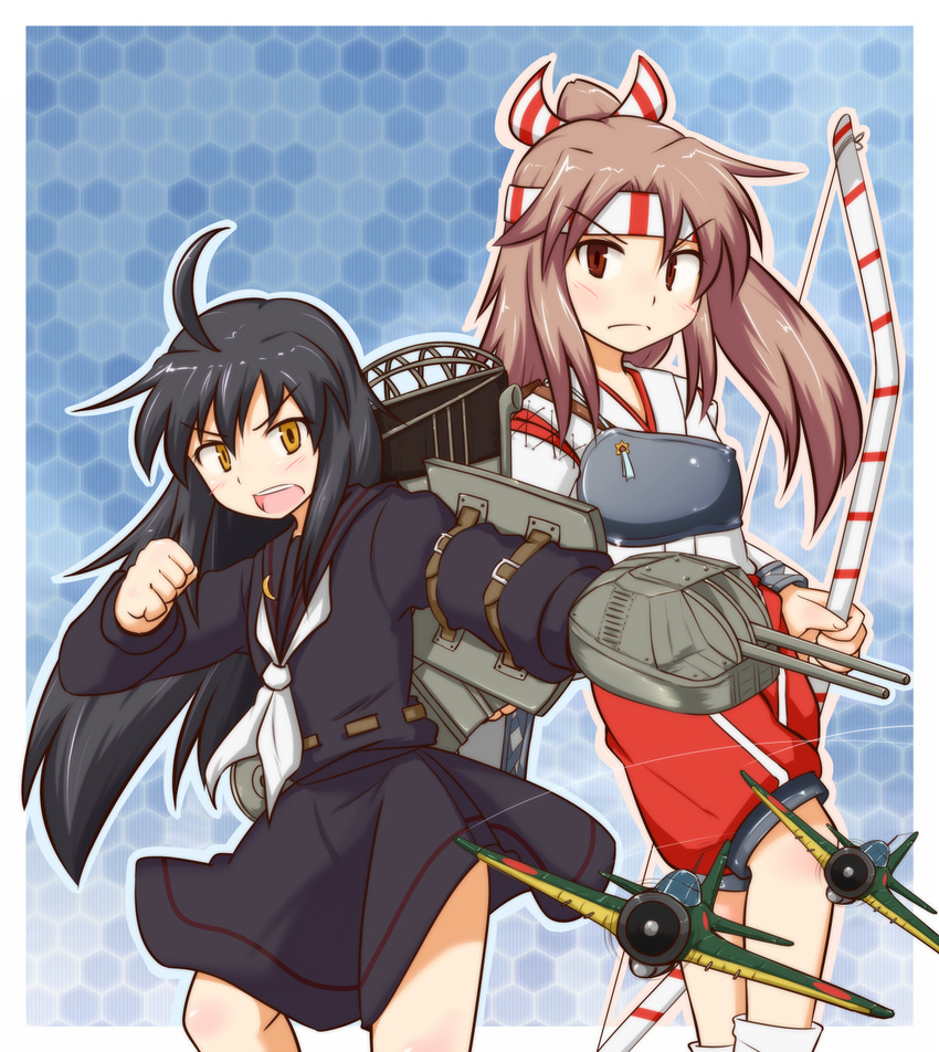 &gt;:( :o ahoge archery bangs black_hair black_serafuku black_skirt blue_background blush border bow_(weapon) brown_eyes brown_hair buckle clenched_hand closed_mouth commentary_request crescent crescent_moon_pin cross-laced_clothes eyebrows_visible_through_hair flat_chest frown hachimaki hakama_pants half_updo hands_up headband high_ponytail highres holding holding_bow_(weapon) holding_weapon honeycomb_(pattern) honeycomb_background japanese_clothes kantai_collection konokiya kyuudou long_hair long_sleeves looking_at_viewer mikazuki_(kantai_collection) model_airplane multiple_girls muneate neckerchief open_mouth outline outside_border outstretched_arm parted_bangs patterned_background raised_fist red_shorts rigging school_uniform serafuku shorts simple_background skirt standing standing_on_one_leg tabi teeth v-shaped_eyebrows weapon white_border white_legwear white_neckwear wide_sleeves yellow_eyes zuihou_(kantai_collection)