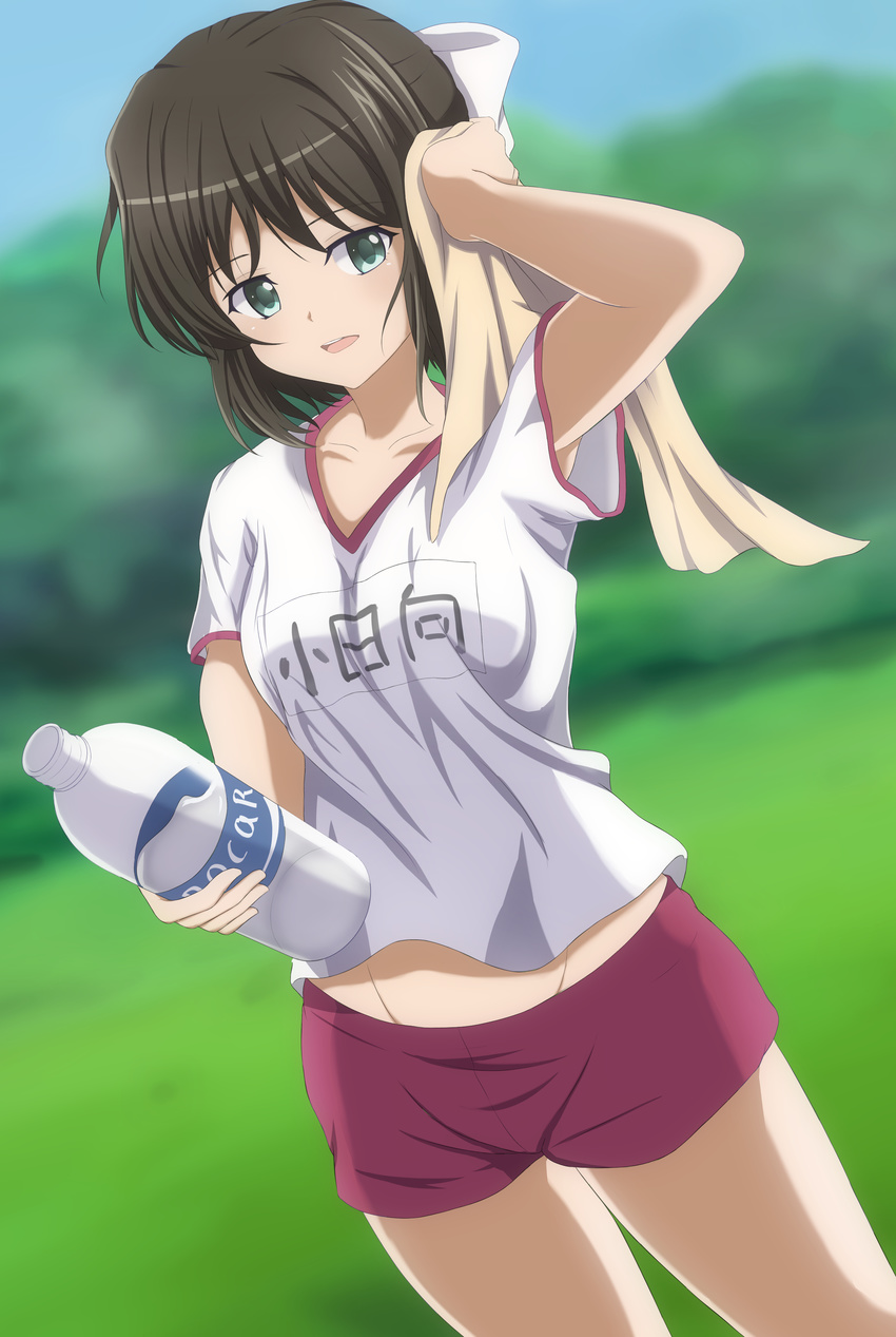 absurdres armpit_peek black_hair blurry bottle bow commentary_request depth_of_field dutch_angle green_eyes groin gym_uniform hair_bow highres holding holding_bottle kohinata_miku looking_at_viewer name_tag narayu open_mouth pocari_sweat red_shorts senki_zesshou_symphogear shirt short_hair short_shorts shorts solo towel water_bottle white_bow white_shirt