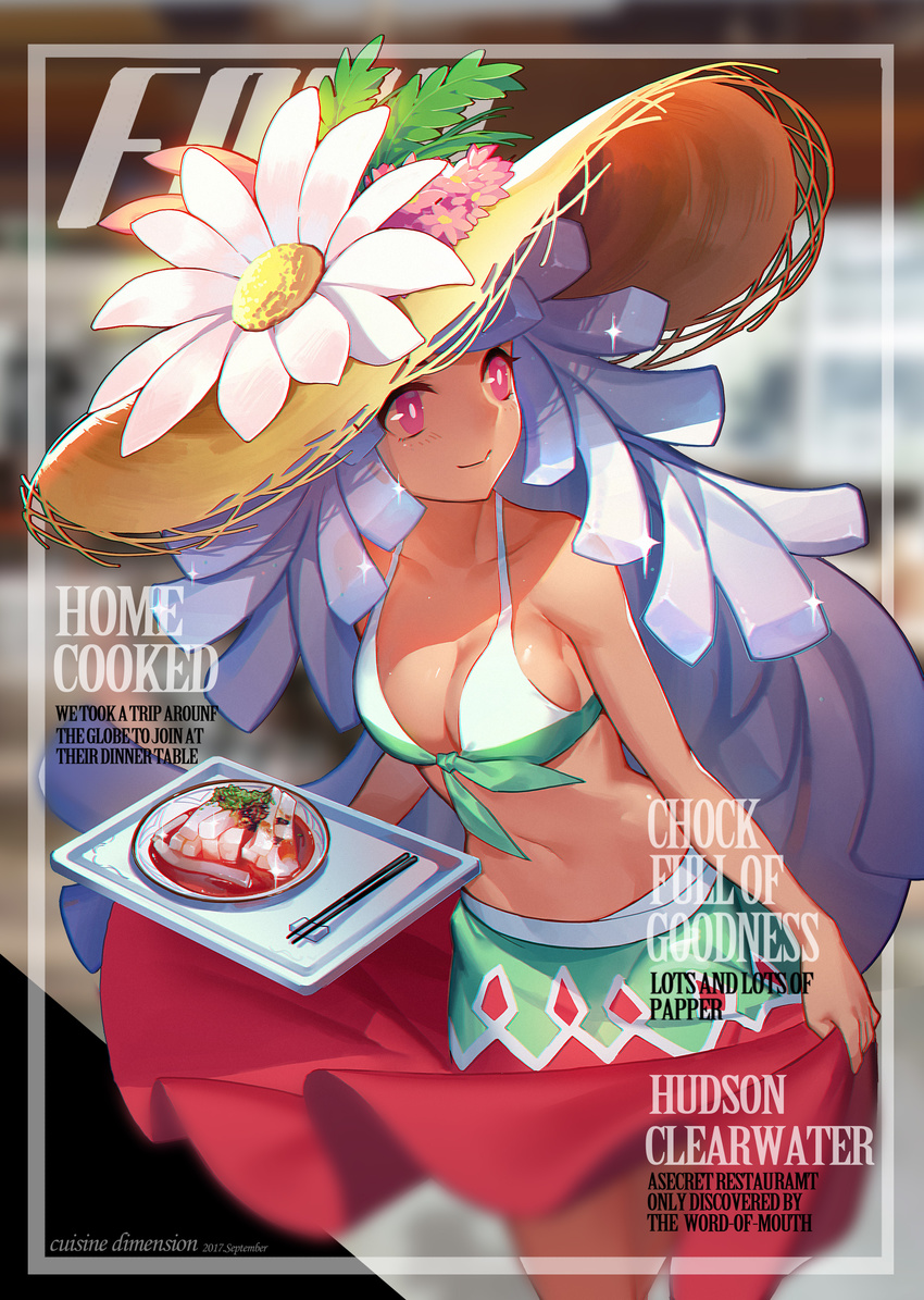 absurdres blush breasts chopsticks cleavage closed_mouth collarbone cover cowboy_shot dated doitsu_no_kagaku english engrish fake_cover flower food hat highres holding holding_tray large_breasts long_hair looking_away navel original plate ranguage red_eyes september silver_hair smile solo tray very_long_hair