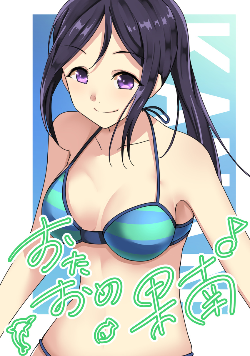 bare_shoulders bikini breasts character_name cleavage dolphin highres love_live! love_live!_sunshine!! matsuura_kanan medium_breasts otsumami_(otsu-mugi) ponytail purple_eyes purple_hair sidelocks smile solo striped striped_bikini swimsuit translated