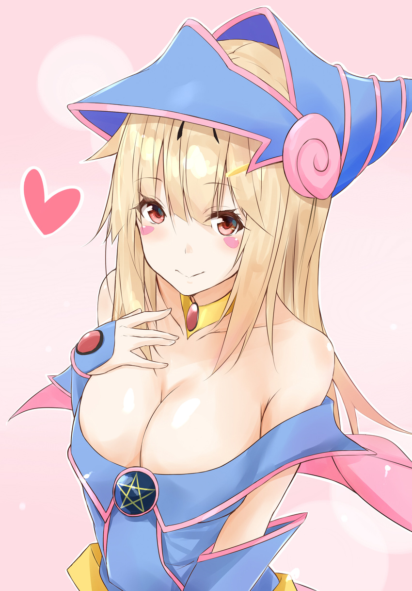 alternate_costume bangs blonde_hair blush_stickers breasts capelet cleavage collarbone commentary_request cosplay dark_magician_girl dark_magician_girl_(cosplay) eyebrows_visible_through_hair hair_flaps hair_ornament hairclip heart highres kantai_collection large_breasts long_hair outline pink_background red_eyes remodel_(kantai_collection) saku_(kudrove) smile solo upper_body yuu-gi-ou yuudachi_(kantai_collection)
