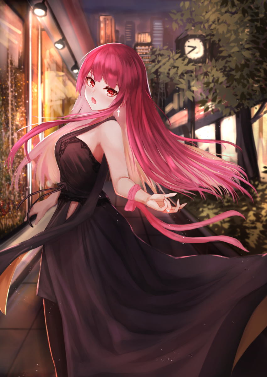 1girl absurdres alternate_costume arched_back armpit_peek bangs bare_arms black_dress black_legwear breasts building bullpup ceiling_light city clock commentary_request cowboy_shot dress earrings from_side girls_frontline gun halter_dress highres hip_vent jewelry kurusemina long_hair looking_at_viewer medium_breasts night open_mouth outdoors outstretched_hand pantyhose pink_hair pink_ribbon planter red_eyes ribbon rifle sidewalk skyscraper sniper_rifle solo standing storefront tree very_long_hair wa2000_(girls_frontline) walther walther_wa_2000 weapon wrist_ribbon
