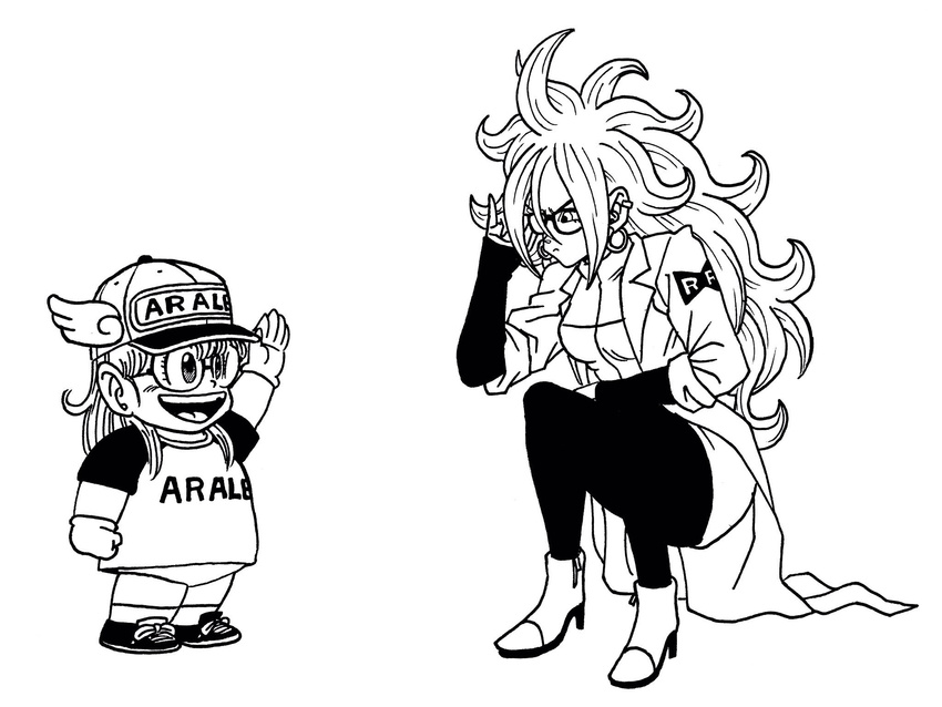 android android_21 baseball_cap boots commentary_request creator_connection crossover cyborg dr._slump dragon_ball dragon_ball_fighterz earrings glasses glasses_day gloves greyscale hat highres hoop_earrings jewelry labcoat lee_(dragon_garou) long_hair monochrome multiple_girls norimaki_arale overalls pantyhose shirt shorts squatting t-shirt toriyama_akira_(style) traditional_media trait_connection waving winged_hat