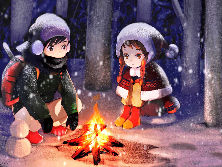 1girl backpack bag bangs beanie black_gloves black_hair black_scarf braid brown_eyes brown_hair burning campfire capelet child coat commentary_request covered_mouth earmuffs fire flame forest fur_trim gloves green_coat hands_on_own_knees hat highres long_sleeves looking_at_another nature original pants pouch red_footwear sako_(user_ndpz5754) scarf shoes sitting snow snowing squatting tree twin_braids white_pants winter_clothes