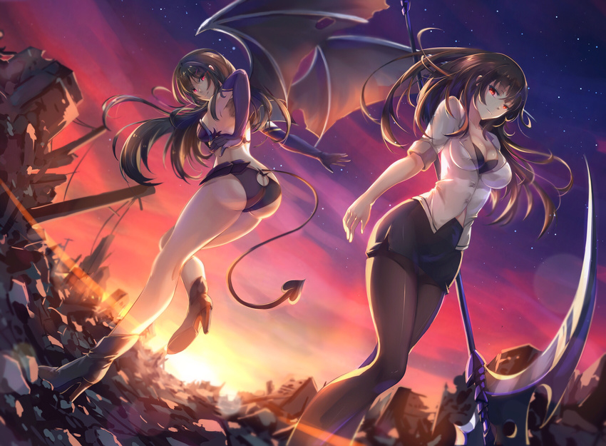 absurdres ass ass_cutout black_bra black_hair black_legwear black_skirt blazer boots bra breasts cleavage demon_girl demon_tail demon_wings dual_persona elbow_gloves gloves hand_on_hip high_heel_boots high_heels highres jacket long_hair looking_at_viewer looking_back luo_qingyu medium_breasts miniskirt multiple_girls office_lady original outstretched_arm pantyhose pencil_skirt red_eyes ruins scythe skirt sky smile standing standing_on_one_leg star_(sky) starry_sky sunset tail underwear very_long_hair wind wings