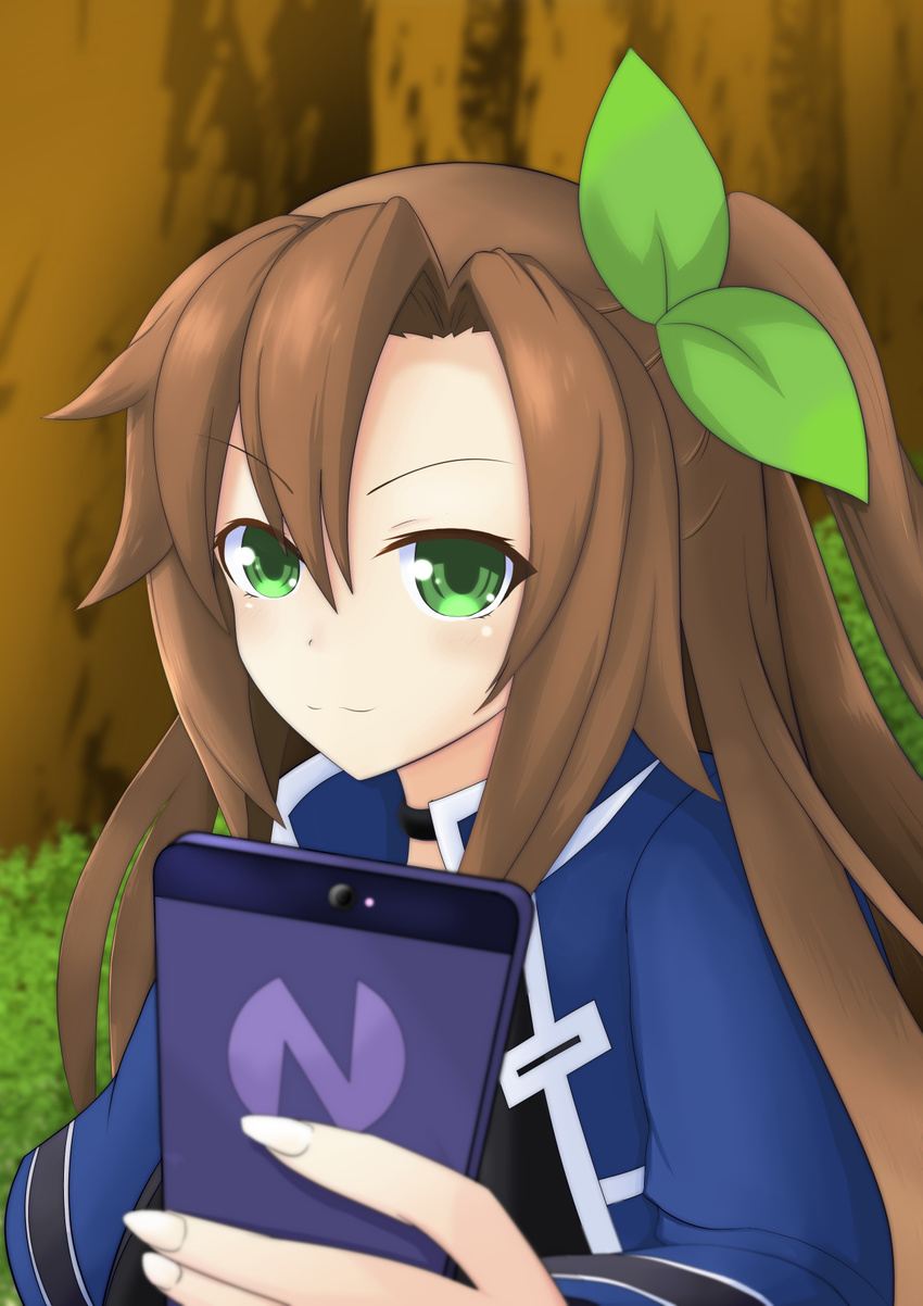 ama_(ama_zumi3) bow brown_hair cellphone green_eyes hair_bow hair_ornament highres holding holding_phone if_(choujigen_game_neptune) long_hair looking_at_viewer neptune_(series) phone ribbon self_shot smartphone smile solo