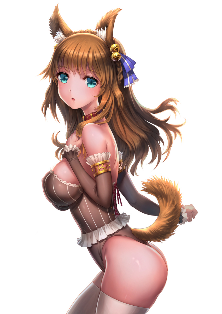 animal_ears ass bangs bare_shoulders bell blue_eyes blue_ribbon braid breasts brown_hair cleavage collar covered_nipples detached_sleeves dog_ears dog_tail from_side hair_bell hair_ornament hair_ribbon highleg highleg_leotard highres jingle_bell large_breasts leotard long_hair looking_at_viewer looking_to_the_side original revision ribbon solo striped_leotard tail thighhighs thong_leotard white_legwear youbou