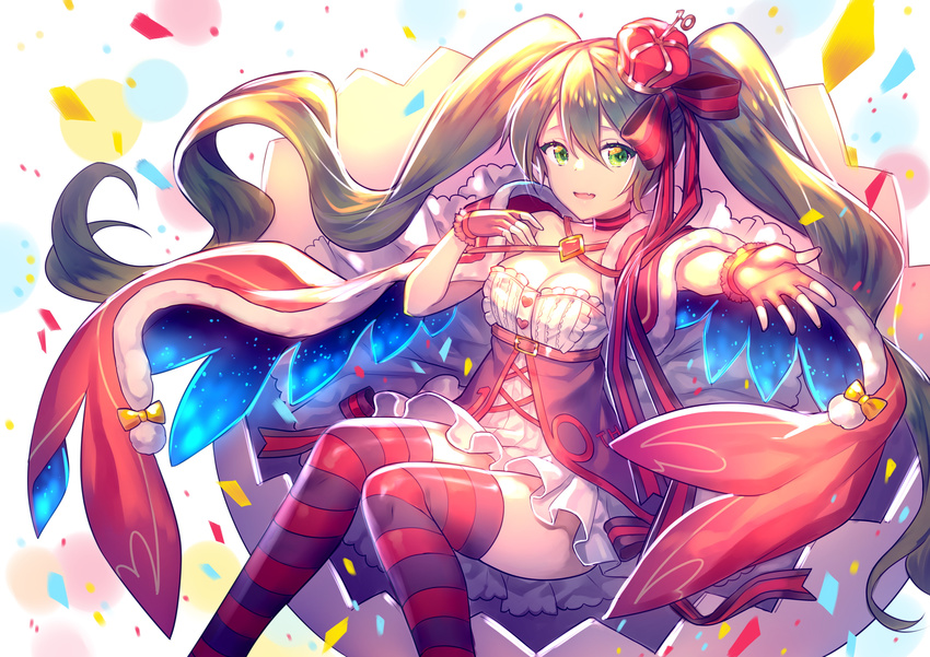 absurdres black_bow black_legwear blue_hair blush bow breasts cleavage eyebrows_visible_through_hair feet_out_of_frame fingerless_gloves gloves green_eyes hair_bow hatsune_miku highres large_breasts long_hair looking_at_viewer parted_lips red_gloves red_legwear smile solo striped striped_legwear thighhighs touwa_nikuman very_long_hair vocaloid