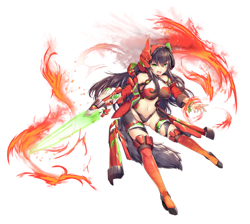 armor arms_at_sides bangs bare_shoulders bikini_armor bracelet breasts brown_hair collarbone commentary_request fire floating full_body green_eyes highres holding holding_weapon holster jacket jewelry large_breasts legs_apart long_hair looking_at_viewer navel off_shoulder open_mouth original plasma_sword pointing red_jacket red_legwear solo tail thigh_holster transparent_background uzuki_karasu weapon wolf_tail