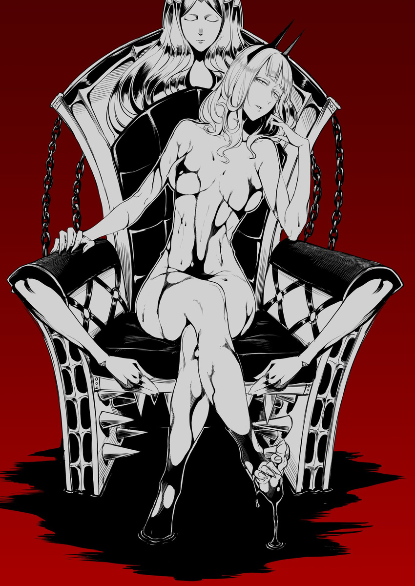 arm_rest blood blood_drip blood_on_breasts blood_on_leg blood_river blood_stain breasts breasts_apart carmilla_(fate/grand_order) chain commentary crossed_legs disembodied_limb eyebrows_visible_through_hair fate/grand_order fate_(series) fingernails full_body hairband half-closed_eyes highres large_breasts long_hair looking_at_viewer monochrome nakamura_regura parted_lips red_background ripples sharp_fingernails sharp_toenails simple_background sitting soaking_feet solo spot_color statue throne toenails
