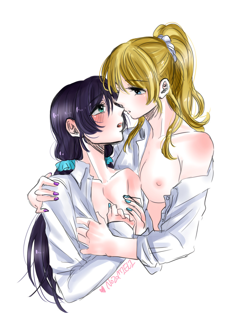 2girls airen ayase_eli blonde_hair blue_eyes blush breasts collared_shirt couple eye_contact green_eyes hair_ornament incipient_kiss looking_at_another love_live! love_live!_school_idol_project multiple_girls nipples purple_hair scrunchie shirt toujou_nozomi twintails yuri