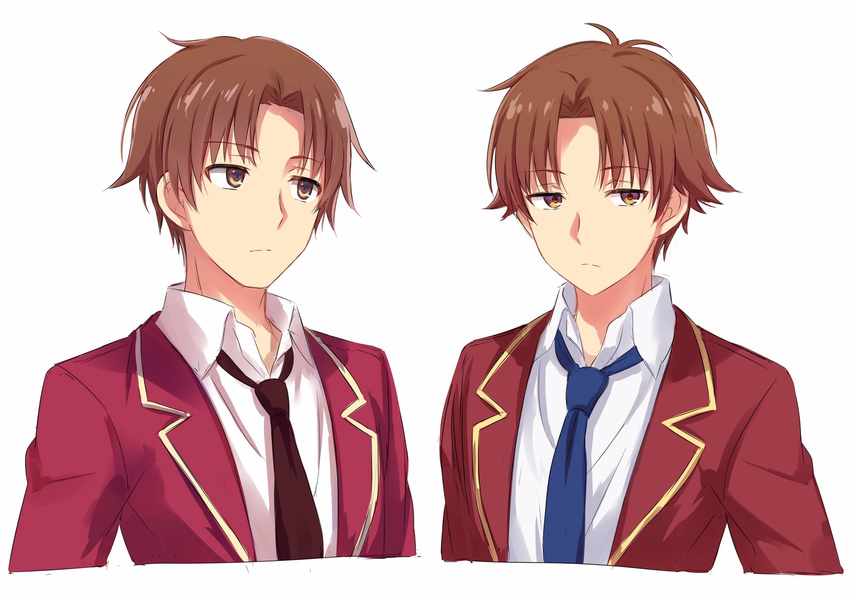 ayanokouji_kiyotaka blue_neckwear brown_eyes brown_hair brown_neckwear closed_mouth collared_shirt commentary_request cropped_arms cropped_torso eyebrows_visible_through_hair highres jacket jitome looking_at_viewer looking_to_the_side male_focus multiple_views necktie red_jacket sekina shirt simple_background upper_body white_background white_shirt youkoso_jitsuryoku_shijou_shugi_no_kyoushitsu_e